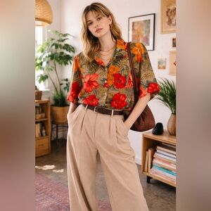 90s Kathy Che Tropical Floral Button Up w/ Shoulder Pads Oversized Vintage XL